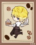  1boy blonde_hair checkerboard_cookie chibi coffee_beans commentary cookie cup dishes food from_behind full_body holding holding_plate looking_at_viewer looking_back lucio_(lucioooo38) male_focus nijisanji nijisanji_en pants plate purple_eyes short_hair sleeves_rolled_up smile solo sonny_brisko teacup virtual_youtuber waiter 