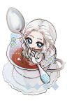  1girl :d blue_eyes blue_flower braid chibi chibi_only commentary_request cup drink final_fantasy final_fantasy_xiv flower from_above full_body half_updo halftone holding holding_spoon hood hood_up hooded_robe in_container in_cup korean_commentary long_hair looking_at_viewer mini_person minigirl muanew11 outline partially_submerged robe saucer simple_background single_braid smile solo sophist&#039;s_robe_(ff14) spoon tea teacup transparent_background venat_(ff14) wavy_hair white_hair white_outline white_robe wide_sleeves 