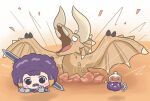  absurdres afro alternate_costume armor blush_stickers chibi diablos facial_hair fang highres hololive hololive_english horns monster_hunter:_world monster_hunter_(series) mpien mustache ninomae_ina&#039;nis o_o open_mouth orange_hair purple_hair smile sword takodachi_(ninomae_ina&#039;nis) tentacle_hair virtual_youtuber weapon 