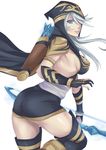  arrow ashe_(league_of_legends) ass blue_eyes boots bow_(weapon) breasts exaxuxer hair_over_one_eye highres hood hoodie league_of_legends light_smile lips long_hair looking_at_viewer looking_back medium_breasts sideboob silver_hair solo thigh_boots thighhighs thighs weapon 