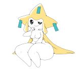 2022 absurd_res anthro biped black_sclera breasts featureless_breasts featureless_feet feet female ferretidk full-length_portrait generation_3_pokemon hi_res holding_chin huge_hips huge_thighs jirachi legendary_pokemon looking_at_viewer medium_breasts navel nintendo nude one_eye_half-closed pokemon pokemon_(species) pokemorph portrait pseudo_clothing short_stack simple_background sitting smile solo thick_thighs white_background white_body white_eyes wide_hips