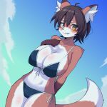  1girl animal_ear_fluff animal_ears animal_nose bikini blue_bikini blush body_fur breasts bright_pupils brown_eyes brown_fur brown_hair chatora_(0-furry-beast-0) cleavage cloud fox_ears fox_girl fox_tail furry furry_female hand_on_own_chest highres large_breasts looking_at_viewer original short_hair sky smirk solo swimsuit tail white_fur white_pupils 