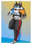 absurd_res anthro blue_sclera breasts cellphone cleavage clothed clothing electronics fangs felid feline felis female fur grey_body grey_fur hair hand_on_hip hi_res holding_object holding_phone leaning_on_wall looking_at_object looking_at_phone mammal mask midriff multicolored_body multicolored_fur navel pantherine phone pink_nose roboticsteve saber-toothed_tiger saber_(roboticsteve) shirt smartphone solo sports_mask sportswear striped_body striped_fur stripes teeth text text_on_clothing text_on_shirt text_on_topwear tiger topwear white_body white_fur white_hair wrestling_mask