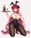  1girl absurdres alcohol animal_ears azur_lane bare_arms bare_shoulders black_hairband black_horns black_leotard black_pantyhose blush breasts cleavage cup curled_horns fake_animal_ears full_body hairband highres hindenburg_(azur_lane) hindenburg_(delirious_duel)_(azur_lane) holding horns huge_breasts jack_daniel&#039;s kneeling leotard official_alternate_costume open_mouth pantyhose playboy_bunny pointy_ears pouring pouring_onto_self rabbit_ears raurashun red_eyes red_hair simple_background smile solo thighs torn_clothes torn_pantyhose white_background wine wrist_cuffs 