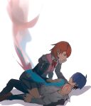  1boy 1girl blue_hair brown_eyes brown_hair bruno_(brunitro) girl_on_top hand_on_another&#039;s_chest hand_up healing hetero highres persona persona_3 persona_3_reload takeba_yukari yuuki_makoto_(persona_3) 