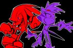  1boy 1girl animal_ears black_background blaze_the_cat cat_ears cat_tail closed_mouth eyelashes forehead_jewel gloves highres knuckles_the_echidna looking_to_the_side miijiu open_mouth outline purple_eyes red_eyes sharp_teeth sonic_(series) tail teeth 