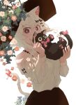  1girl animal animal_ears black_cat black_hat black_skirt cat cat_ears cat_girl cat_tail covering_own_mouth cowboy_shot flower hair_between_eyes highres holding holding_animal holding_cat leaning_to_the_side long_sleeves looking_at_viewer off-shoulder_shirt off_shoulder oimo_imoo original pink_flower red_eyes shirt short_hair sidelocks simple_background skirt solo tail white_background white_flower white_hair white_shirt wide_brim 