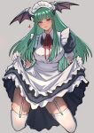  1girl absurdres ap_cammy apron blunt_bangs breasts frilled_apron frills garter_straps gloves green_eyes green_hair grey_background head_wings highres lifted_by_self long_hair looking_at_viewer maid maid_headdress morrigan_aensland puffy_short_sleeves puffy_sleeves short_sleeves solo thighhighs vampire_(game) white_apron white_gloves white_thighhighs wings 