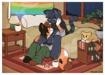 anthro anthro_on_anthro beaglescouts bed biped book clothed clothing domestic_cat duo felid feline felis fingers fur furniture hair hi_res intraspecies lgbt_pride male male/male mammal pillow plant plushie pride_colors rainbow_flag rainbow_pride_flag rainbow_symbol tail window