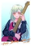  1girl absurdres bang_dream! bang_dream!_it&#039;s_mygo!!!!! blue_background blue_shirt blush closed_mouth commentary_request cursive dated electric_guitar gradient_background green_hair guitar happy_birthday highres holding holding_guitar holding_instrument ichi_(bttrfl1es) instrument long_hair looking_at_viewer sailor_collar school_uniform shirt smile solo tsukinomori_school_uniform upper_body wakaba_mutsumi white_sailor_collar yellow_eyes 