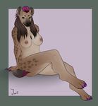  black_nose breasts claws ear_piercing female furry-specific_piercing hair hyena looking_at_viewer mammal necklace nipple_piercing nipples nude piercing pinup pose solo spots spotted_hyena stop_piercing thejinxess toe_claws two_tone_hair 