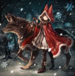  1girl animal animal_hood bag bangs black_gloves boots breath brown_eyes buckle cloak fire footprints fur fur_trim gloves holding holding_lantern hood house lantern little_red_riding_hood little_red_riding_hood_(grimm) messenger_bag original pantyhose paw_print senano-yu shoulder_bag snow snowflakes snowing stitches tree walking window wolf yellow_eyes 