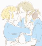  1boy 1girl blonde_hair blue_shirt closed_eyes couple ear_piercing facing_another hand_on_another&#039;s_waist hug ije17430 imminent_kiss link piercing pointy_ears ponytail princess_zelda shirt sidelocks simple_background sketch the_legend_of_zelda the_legend_of_zelda:_breath_of_the_wild the_legend_of_zelda:_tears_of_the_kingdom 