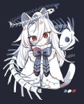  1girl animal_ears black_background black_bow black_bowtie bow bowtie capelet cat_ears cat_tail closed_mouth fish_skeleton hair_between_eyes halo highres long_hair looking_at_viewer original piyoko9494 simple_background skeleton solo tail white_capelet white_hair 