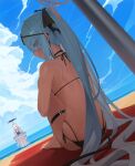  2girls anger_vein beach bikini black_bikini blue_archive blush dark-skinned_female dark_skin demon_tail demon_wings eyewear_on_head glow_(user_hnpv7785) grey_hair halo highres hina_(blue_archive) hina_(swimsuit)_(blue_archive) innertube iori_(blue_archive) iori_(swimsuit)_(blue_archive) knee_up long_hair looking_at_viewer mat multiple_girls name_tag official_alternate_costume old_school_swimsuit profile red_eyes school_swimsuit side-tie_bikini_bottom sitting solo_focus standing sunglasses swim_ring swimsuit tail thigh_strap toes twintails very_long_hair wings 