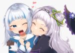  2girls absurdres arched_bangs black_capelet blue_eyes blue_hair blue_hoodie blunt_bangs blush capelet commentary_request cone_hair_bun gawr_gura gawr_gura_(1st_costume) glomp grey_hair hair_bun hair_ornament hairband highres hololive hololive_english hood hoodie hug kiss kissing_cheek long_hair multicolored_hair multiple_girls murasaki_shion murasaki_shion_(1st_costume) nameko_777 shark_hair_ornament single_side_bun streaked_hair two_side_up upper_body virtual_youtuber yuri 
