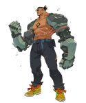  1boy bara belt black_pants blue_belt brown_hair facial_hair floyd_iraia_(streets_of_rage_4) hicham_habchi highres male_focus mechanical_arms multicolored_footwear orange_footwear pants scar scar_on_face serious shaved_head streets_of_rage_4 stubble tan thick_eyebrows tied_locs topless_male torn_clothes torn_pants white_background yellow_footwear 