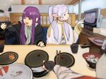 1boy 2girls :3 =_= bandaged_arm bandages belt black_coat black_gloves blunt_bangs booth_seating bowl cape chopsticks coat contemporary cup dangle_earrings dress earrings eating elf fern_(sousou_no_frieren) food frieren gloves hair_over_shoulder hand_up higemu highres holding holding_chopsticks indoors jacket jewelry long_hair long_sleeves multiple_girls open_clothes open_coat open_mouth parted_bangs plate pointy_ears pov purple_hair red_jacket restaurant shirt sousou_no_frieren stark_(sousou_no_frieren) striped_clothes striped_shirt sushi table twintails white_cape white_dress white_hair 