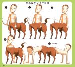  1boy absurdres anatomical_nonsense artist_name bent_over border bow_(weapon) brown_hair centaur collarbone expressionless green_border highres holding holding_bow_(weapon) holding_weapon leaning_back monster_boy original sho.t short_hair taur topless_male translation_request variations weapon white_background 