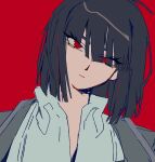  1girl black_hair black_jacket bob_cut closed_mouth collared_shirt expressionless highres jacket limbus_company looking_at_viewer official_art portrait project_moon red_background red_eyes ryoshu_(project_moon) shirt short_hair simple_background solo vellmori white_shirt 
