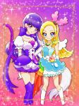  2girls bare_shoulders berry blonde_hair blush cat_tail choker collarbone commentary_request cure_macaron cure_parfait dress earrings elbow_gloves food fruit gloves hair_ornament headband highres jewelry kirahoshi_ciel kirakira_precure_a_la_mode kiwi_(fruit) kotozume_yukari leaf lemon long_hair multicolored_eyes multiple_girls orange_(fruit) pearl_choker pearl_earrings precure purple_eyes purple_footwear purple_hair reira_(reomimi0211) strapless strapless_dress tail white_footwear white_gloves white_tail white_wings wings 