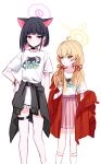 2girls absurdres ahoge animal_ears black_choker black_hair black_jacket blonde_hair blue_archive cat_ears choker closed_mouth clothes_around_waist colored_inner_hair commentary_request dot_mouth ear_piercing english_text halo hand_on_own_hip height_difference highres jacket jacket_around_waist kazusa_(band)_(blue_archive) kazusa_(blue_archive) looking_at_another mask mask_around_neck medium_hair mouth_mask multicolored_hair multiple_girls official_alternate_costume piercing pink_hair pink_skirt pleated_skirt print_shirt red_jacket shirt short_hair short_sleeves simple_background sketch skirt socks standing t-shirt thigh_strap tsurime twintails two-tone_hair white_background white_shirt white_skirt white_socks wristband yata_mawari yellow_eyes yoshimi_(band)_(blue_archive) yoshimi_(blue_archive) 