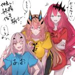  3girls :d anger_vein baobhan_sith_(fate) barghest_(fate) bent_v black_shorts blonde_hair blue_shirt breasts crossed_arms earrings embarrassed fang fate/grand_order fate_(series) green_eyes grey_eyes hair_ornament half-closed_eyes hand_up heterochromia highres hollomaru jewelry leaning_forward long_shirt looking_at_viewer looking_down melusine_(fate) multiple_girls nail_polish one_eye_closed open_mouth pink_hair pointy_ears red_nails red_shirt shirt shorts sidelocks skin_fang smile speech_bubble sweat t-shirt translation_request upper_body v wavy_mouth white_background white_hair yellow_eyes yellow_shirt 