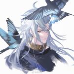  1boy :| bird black_robe closed_mouth cropped_torso earrings expressionless gold_collar grey_eyes hair_slicked_back japanese_clothes jewelry long_hair looking_at_viewer male_focus onmyoji qixing_dan robe sideways_glance simple_background solo susabi_(onmyoji) white_background white_hair 