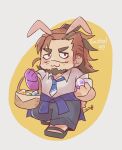  1boy alternate_scar animal_ears bags_under_eyes blue_necktie boogeyman_(housamo) colored_skin easter easter_egg egg facial_hair goatee highres igarashi_(igarashi_ta) long_sideburns multicolored_hair muscular muscular_male necktie purple_skin rabbit_ears red_eyes scar scar_on_face sideburns solo stubble tokyo_afterschool_summoners two-tone_hair 