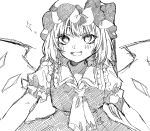  1girl ascot blush bow flandre_scarlet frills hat hat_bow highres hisu_(hisu_) looking_at_viewer mob_cap monochrome puffy_short_sleeves puffy_sleeves short_sleeves simple_background sketch solo star_(symbol) touhou upper_body vest white_background wings 