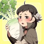  1girl ahoge brown_eyes brown_hair choker collared_cloak fire_emblem fire_emblem_fates flower food hair_flower hair_ornament holding holding_food holding_vegetable lao_wen mozu_(fire_emblem) radish solo vegetable white_flower wrist_guards 