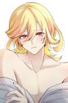  1boy blonde_hair blush closed_mouth frown genshin_impact hair_between_eyes highres kaveh_(genshin_impact) long_hair male_focus nassama233 red_eyes shirt solo topless_male white_shirt 