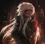  1girl blood blood_on_face blue_eyes breasts coat dante_(devil_may_cry) devil_may_cry_(series) devil_may_cry_2 fire genderswap genderswap_(mtf) hair_over_one_eye large_breasts long_hair male_focus solo white_hair zmlskr 