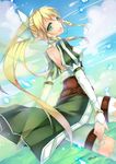  1girl :d blonde_hair braid elf fairy_wings flying green_eyes highres leafa liy093275411 lyfa open_mouth pointy_ears red_silk_bird signature sky smile sword_art_online twin_braids wings 