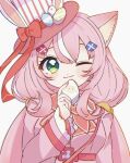  1girl :3 animal_ears blush cat_ears coat commentary green_eyes hair_between_eyes hat highres long_hair looking_at_viewer low_twintails nijisanji nijisanji_kr one_eye_closed pink_coat pink_hair smile solo ssgw0 symbol-only_commentary top_hat twintails very_long_hair virtual_youtuber white_background yang_nari 