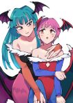  2girls bat_wings breasts demon_girl flat_chest green_hair hand_on_another&#039;s_shoulder hand_on_another&#039;s_thigh head_wings height_difference leotard lilith_aensland long_hair medium_breasts morrigan_aensland multiple_girls oushiza_towel short_hair vampire_(game) wings yuri 