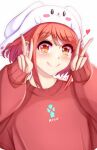  1girl animal_hat anisdrawn blush bob_cut closed_mouth commentary core_crystal_(xenoblade) double_v english_commentary hat heart highres pyra_(xenoblade) rabbit_hat red_hair red_sweater simple_background sleeves_past_wrists smile solo sweater upper_body v white_background white_hat xenoblade_chronicles_(series) xenoblade_chronicles_2 