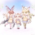  3girls absurdres acorn animal_ears bag bat_(animal) bat_ears bat_girl bat_wings bow bowtie brown_eyes brown_hair brown_long-eared_bat_(kemono_friends) cardigan cat cherry_blossoms chipmunk_ears chipmunk_girl chipmunk_tail extra_ears food green_eyes grey_hair highres jacket jungle_cat_(kemono_friends) kemono_friends kemono_friends_v_project long_hair multiple_girls outdoors poporu_(kemono_friends) ribbon saival_cat school_bag shoes short_hair siberian_chipmunk_(kemono_friends) skirt sweets tail thighhighs virtual_youtuber wings 