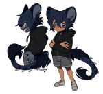  1boy animal_ears artist_name black_jacket blue_eyes blue_fur blue_hair body_fur child claws closed_mouth crossed_arms deviidog0 english_commentary full_body fur-tipped_tail furrification furry furry_male grey_shorts hair_between_eyes highres hood hood_down jacket looking_at_viewer looking_to_the_side male_focus multiple_views original shoes short_eyebrows short_hair shorts simple_background spiked_tail standing tail twitter_username white_background 