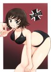  1girl amanone_yun bikini blue_eyes border breasts brown_hair cleavage commentary emblem girls_und_panzer hand_on_own_knee hida_ema highres kuromorimine_(emblem) leaning_forward red_background short_hair simple_background smile solo swimsuit v white_border 