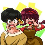  1boy 1girl abstract_background black_hair blue_eyes blush braid braided_ponytail breasts brother_and_sister brown_overalls closed_eyes confused disguise fangs finger_in_another&#039;s_mouth finger_in_own_mouth genderswap genderswap_(mtf) headband hibiki_yoiko long_sleeves medium_breasts medium_hair multicolored_squares_background open_mouth overalls ranma-chan ranma_1/2 red_hair red_headband red_shirt saotome_ranma shirt short_hair siblings signature smile striped_headband wanta_(futoshi) yellow_eyes yellow_headband yellow_shirt 