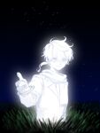  1boy closed_mouth fingernails glowing grass highres jacket kimi_ga_shine long_hair looking_at_viewer low_ponytail midori_(kimi_ga_shine) night night_sky outdoors scarf sky smile solo suit tall_grass w5 wing_collar 