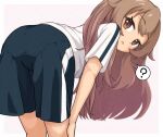  1girl ? ass bent_over blue_shorts brown_eyes brown_hair from_behind gym_uniform kasago_(wnfj2383) long_hair looking_back open_mouth original pantylines shirt shorts solo spoken_question_mark thighs white_shirt 