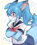 anthro blue_body blue_bottomwear blue_clothing blue_fur blue_hair blue_skirt blush bottomwear canid canine clothing crossed_arms eromame eyebrow_through_hair eyebrows female female_anthro fluffy fluffy_tail fox fur hair inner_ear_fluff kemono looking_at_viewer mammal multicolored_body multicolored_fur namika_(eromame) neck_tuft pawpads red_eyes skirt snout standing surprised_expression tail translucent translucent_hair tuft two_tone_body two_tone_fur white_body white_fur yellow_pawpads