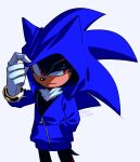  1boy adjusting_clothes blue_hoodie commentary frown furry furry_male hand_in_pocket highres hood hoodie hyeon_sonic male_focus red_eyes shadow_the_hedgehog simple_background solo sonic_(series) symbol-only_commentary white_background 