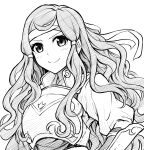  1girl armor breastplate closed_mouth fire_emblem fire_emblem_fates hana_(fire_emblem) headband long_hair looking_at_viewer monochrome simple_background smile solo ten_(tenchan_man) upper_body white_background 