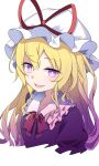  1girl blonde_hair bright_pupils commentary_request e.o. hat highres long_hair looking_at_viewer mob_cap open_mouth purple_eyes simple_background smile solo touhou white_background white_hat white_pupils yakumo_yukari 