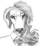 ambiguous_anthro ambiguous_gender anthro canid canine clothed clothing dress_shirt fur graphite_(artwork) hair looking_at_viewer mammal marudi necktie reaching_towards_viewer shirt simple_background topwear traditional_media_(artwork) white_background