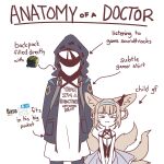  1girl 1other :3 absurdres anatomy_of_a_gamer_(meme) animal_ear_fluff animal_ears arknights arrow_(symbol) black_jacket blonde_hair blush_stickers braided_hair_rings doctor_(arknights) english_text fox_ears fox_girl fox_tail hairband hashtag-only_commentary highres hood hood_up hooded_jacket jacket looking_at_viewer meme multiple_tails orirock_(arknights) parody ricinus shirt suzuran_(arknights) tail text_print v-shaped_eyebrows white_background white_hair white_shirt 