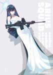  1girl absurdres assault_rifle back_bow bare_shoulders black_hair blue_archive blue_eyes bow breasts cleavage dress dutch_angle elbow_gloves full_body gloves gun halo highres holding holding_weapon kojima_takeshi large_breasts long_hair looking_at_viewer official_alternate_costume rifle saori_(blue_archive) saori_(dress)_(blue_archive) sig_516 sig_sauer solo standing weapon white_dress white_gloves 